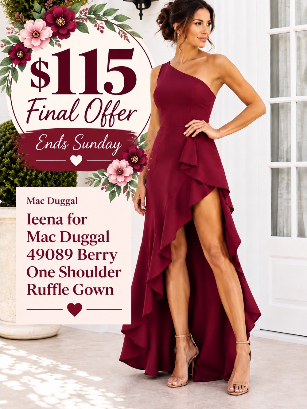 Ieena for Mac Duggal 49089 Berry One Shoulder Ruffle Gown Size 6 - Picture 1 of 7